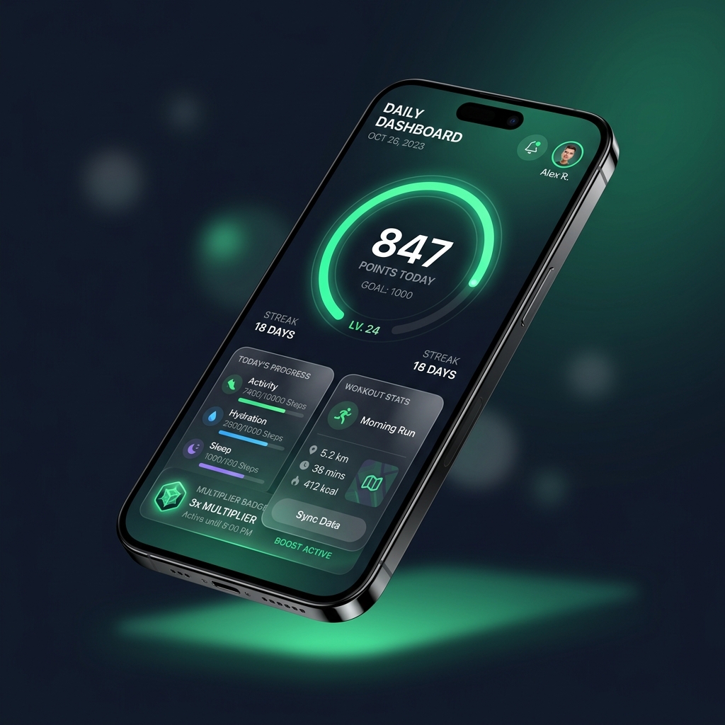 ChronoLog App Dashboard showing gamified daily score of 847 points with progress tracking